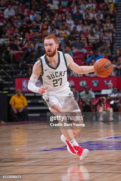 Nico Mannion of Milwuakee Bucks goes to the basket during the game during the 2023 NBA Las Vegas Summer League on July 7, 2023 at the Thomas & Mack...