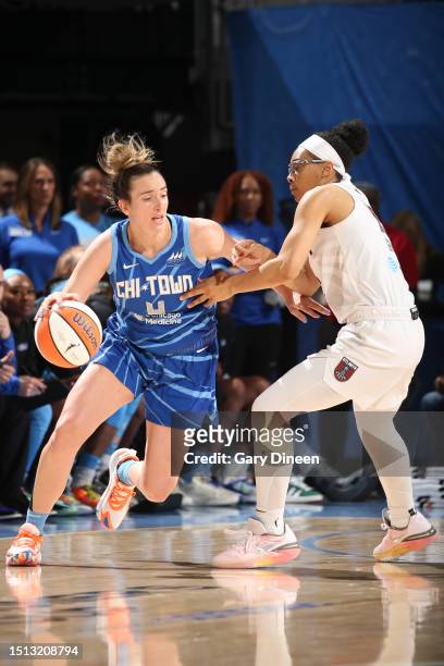 Marina Mabrey of the Chicago Sky handles the ball during the game against the Atlanta Dream on July 7, 2023 at the Wintrust Arena in Chicago, IL....