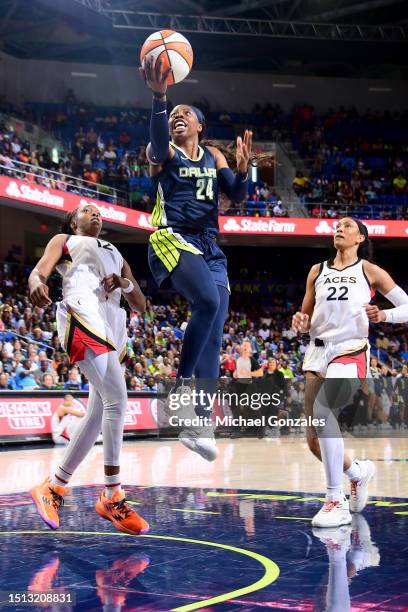 Arike Ogunbowale of the Dallas Wings goes to the basket during the game against the Las Vegas Aces on July 7, 2023 at the College Park Center in...