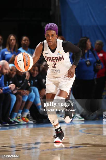 Danielle Robinson of the Atlanta Dream dribbles the ball during the game against the Chicago Sky on July 7, 2023 at the Wintrust Arena in Chicago,...