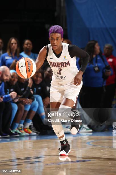 Danielle Robinson of the Atlanta Dream dribbles the ball during the game against the Chicago Sky on July 7, 2023 at the Wintrust Arena in Chicago,...