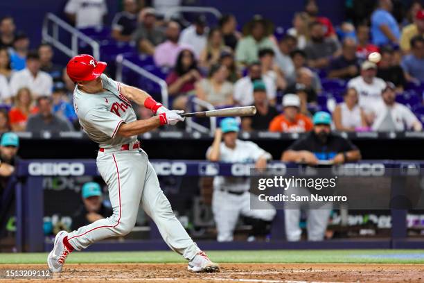 Realmuto of the Philadelphia Phillies hits a solo home run against the Miami Marlins during the sixth inning at loanDepot park on July 7, 2023 in...