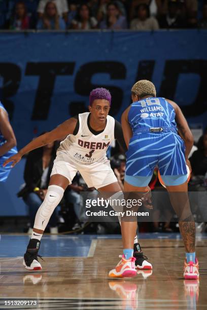Danielle Robinson of the Atlanta Dream plays defense on Courtney Williams of the Chicago Sky on July 7, 2023 at the Wintrust Arena in Chicago, IL....