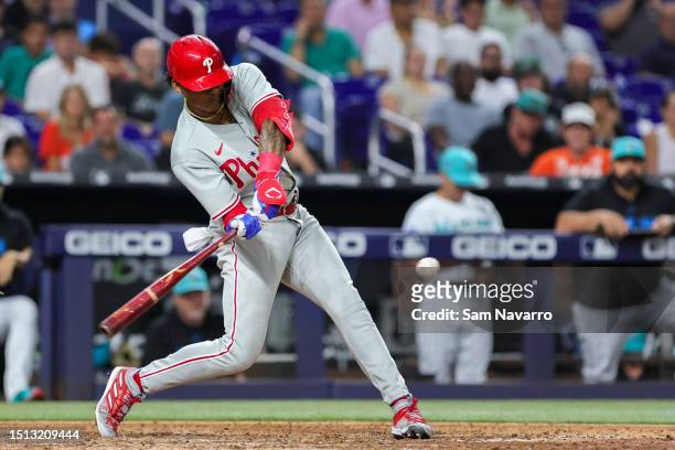 Cristian Pache of the Philadelphia Phillies hits a two-run home run against the Miami Marlins during the ninth inning at loanDepot park on July 7,...