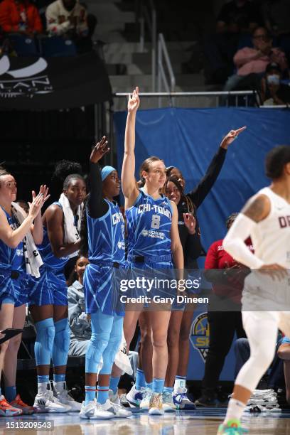 The Chicago Sky celebrate during the game against the Atlanta Dream on July 7, 2023 at the Wintrust Arena in Chicago, IL. NOTE TO USER: User...