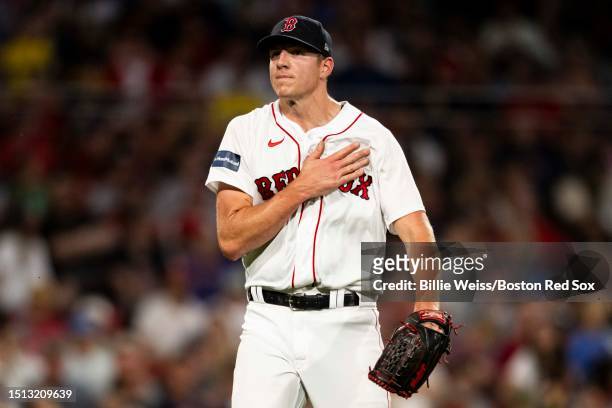 Nick Pivetta of the Boston Red Sox reacts during the sixth inning of a game against the Oakland Athletics on July 7, 2023 at Fenway Park in Boston,...
