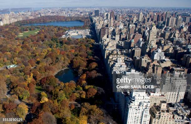 New York City's Central Park along Fifth Avenue is viewed in this aerial photograph from a helicopter over New York on November 11, 2008. AFP PHOTO /...