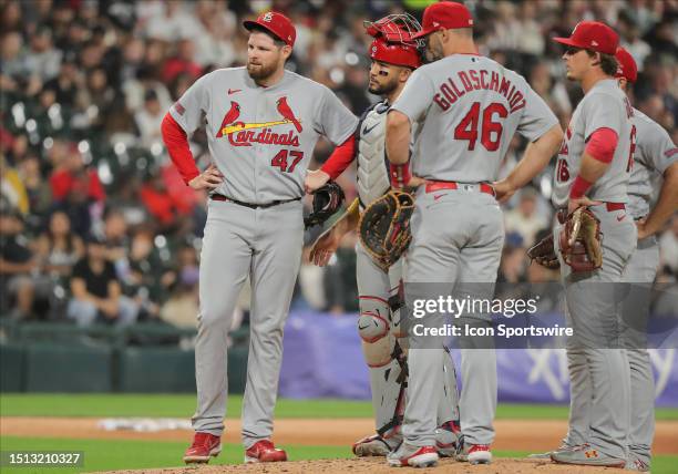 St. Louis Cardinals starting pitcher Jordan Montgomery looks on after an injury after a pitch in the fifth inning during a Major League Baseball game...