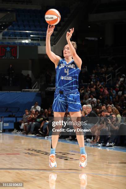 Marina Mabrey of the Chicago Sky shoots a three point basket during the game against the Atlanta Dream on July 7, 2023 at the Wintrust Arena in...