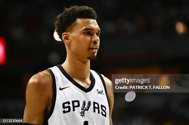 San Antonio Spurs' Victor Wembanyama on the court during the NBA Summer League game between the San Antonio Spurs and Charlotte Hornets, at the...