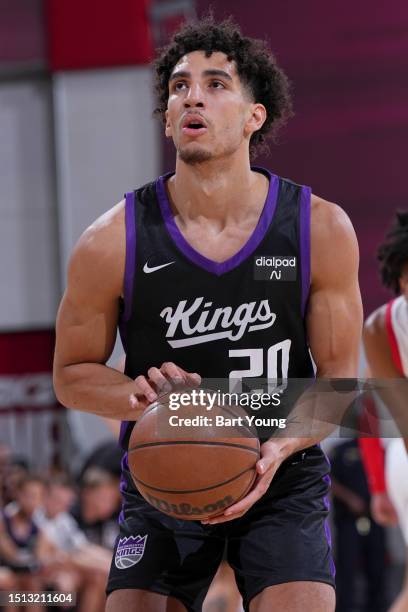 Colby Jones of the Sacramento Kings prepares to shoot a free throw during the game against the Atlanta Hawks during the 2023 NBA Las Vegas Summer...