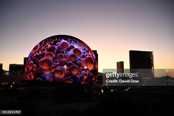 View of the Sphere displaying Summer League visuals on its exterior, the largest LED screen on Earth, prior to the 2023 Las Vegas Summer League on...