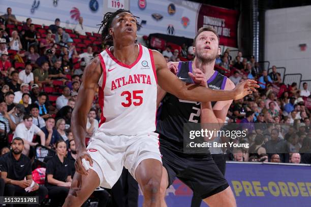 Chandler Hutchinson of the Atlanta Hawks and Mike Daum of the Sacramento Kings look on during the 2023 NBA Las Vegas Summer League on July 7, 2023 at...