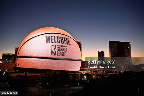 View of the Sphere displaying Summer League visuals on its exterior, the largest LED screen on Earth, prior to the 2023 Las Vegas Summer League on...