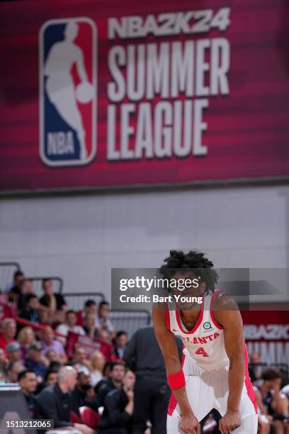 Kobe Bufkin of the Atlanta Hawks looks on during the game against the Sacramento Kings during the 2023 NBA Las Vegas Summer League on July 7, 2023 at...