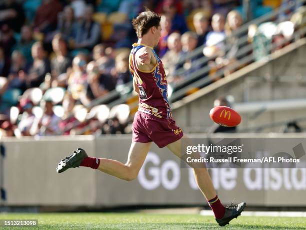 Eric Hipwood of the Lions kicks a goal during the 2023 AFL Round 17 match between the Brisbane Lions and the West Coast Eagles at The Gabba on July...