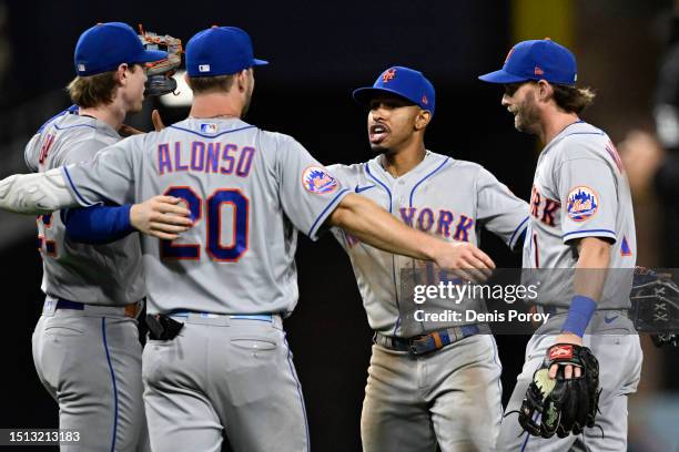 New York Mets players celebrate after the Mets beat the Padres 7-5 in a baseball game July 7, 2023 at Petco Park in San Diego, California.