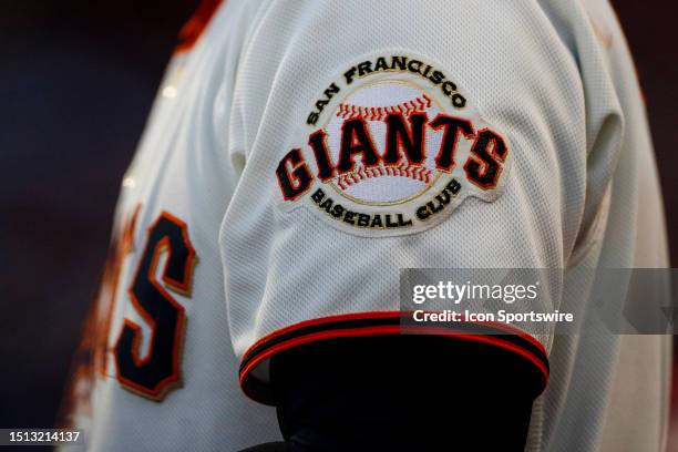 Detailed view of a logo on a San Francisco Giants uniform during a regular season game between the Seattle Mariners and San Francisco Giants on July...