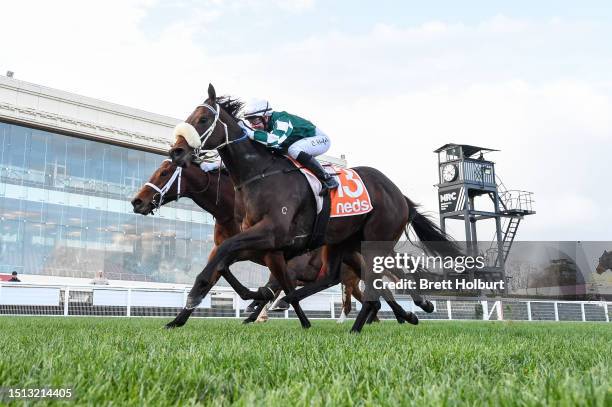 Sigh ridden by Carleen Hefel wins the Neds Sir John Monash Stakes at Caulfield Racecourse on July 08, 2023 in Caulfield, Australia.