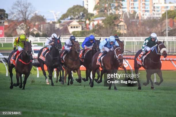 Sigh ridden by Carleen Hefel wins the Neds Sir John Monash Stakes at Caulfield Racecourse on July 08, 2023 in Caulfield, Australia.