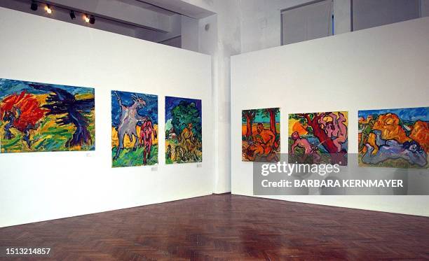Pictures that form part of the largest exhibition yet of Austrian actionist artist Otto Muehl, a 78 year-old painter are seen, 03 March 2004 at the...