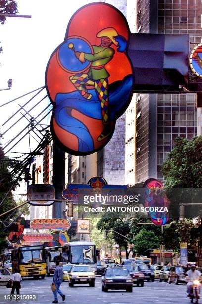 Giant picture of a drummer adorns the Avenue Rio Branco, the principle street in the city for the Carnival festivities 28 February, 2000 in Brazil....