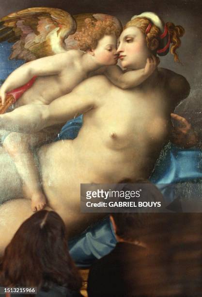 Visitors gaze at Michele Di Ridolfo restored work "Venus and Cupidon" on display 22 March 20001 at the Colonna galery in Rome, showing model's...