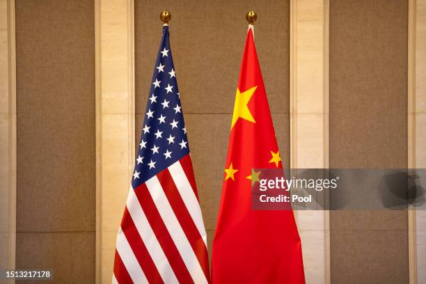 United States and Chinese flags are set up before a meeting between Treasury Secretary Janet Yellen and Chinese Vice Premier He Lifeng at the...