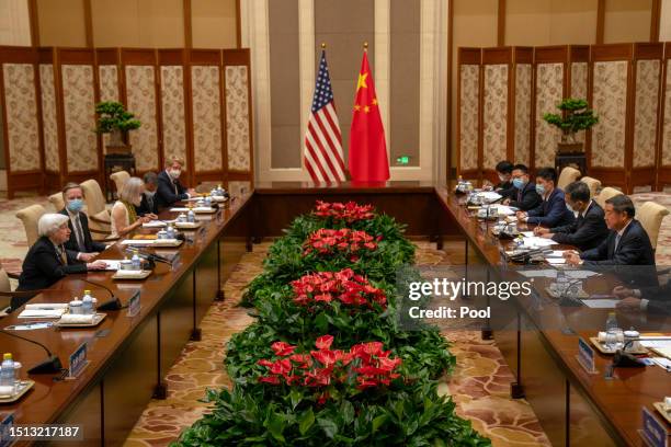 Treasury Secretary Janet Yellen speaks as Chinese Vice Premier He Lifeng listens during a meeting at the Diaoyutai State Guesthouse on July 8, 2023...