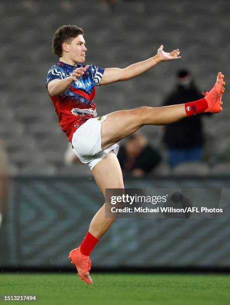 Taj Woewodin of the Demons warms up during the 2023 AFL Round 17 match between the St Kilda Saints and the Melbourne Demons at Marvel Stadium on July...