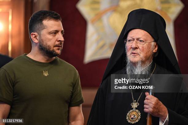 Ecumenical Patriarch Bartholomew I and Ukraine's President Volodymyr Zelensky attend a joint press conference at the Patriarchal Church of Saint...