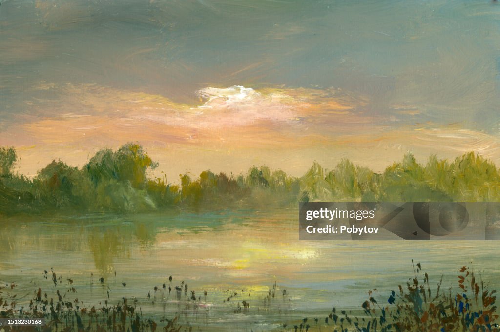 Summer sunset on the river, oil painting