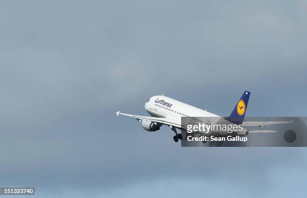 Lufthansa passenger plane takes off from Tegel Airport on September 6, 2012 in Berlin, Germany. Lufthansa is bracing for a 24-hour, nationwide strike...