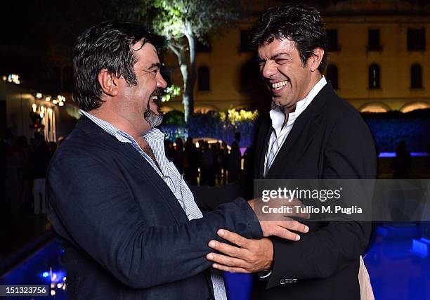 Actors Francesco Pannofino and Pierfrancesco Favino attend the "Ciak"magazine party at Lancia Cafe during the 69th Venice Film Festival on September...