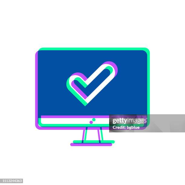 desktop computer with check mark. icon with two color overlay on white background - green check mark transparent background stock illustrations