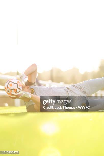 Matija Sarkic of Wolverhampton Wanderers in action during a Wolverhampton Wanderers training session as they return to Compton for pre-season at The...