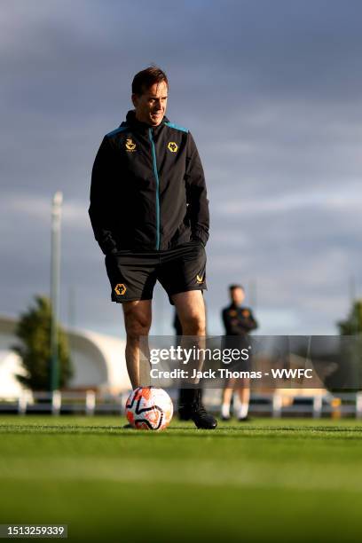 Julen Lopetegui, Manager of Wolverhampton Wanderers looks on during a Wolverhampton Wanderers training session as they return to Compton for...