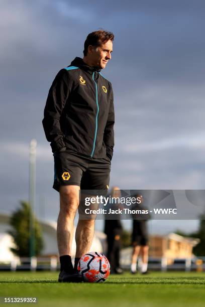 Julen Lopetegui, Manager of Wolverhampton Wanderers looks on during a Wolverhampton Wanderers training session as they return to Compton for...