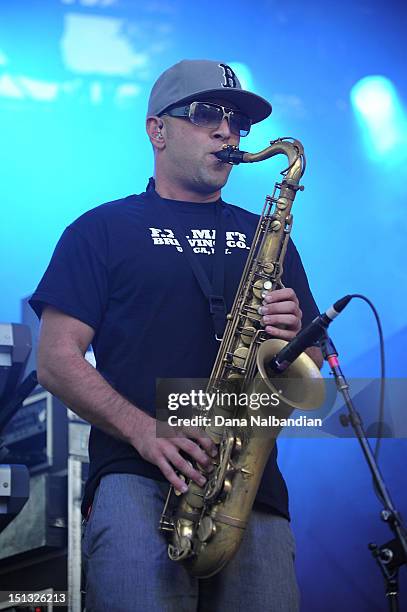 Saxophone player DeLa of Slightly Stoopid performs at Marymoor Amphitheater on September 5, 2012 in Redmond, Washington.