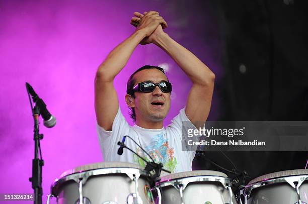Conga player Oguer Ocon of Slightly Stoopid performs at Marymoor Amphitheater on September 5, 2012 in Redmond, Washington.