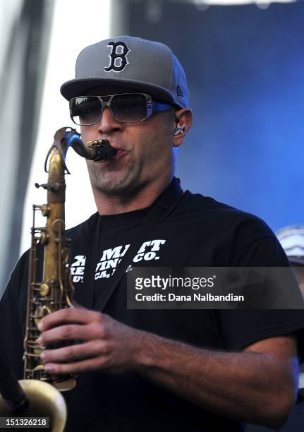 Saxophone player DeLa of Slightly Stoopid performs> at Marymoor Amphitheater on September 5, 2012 in Redmond, Washington.