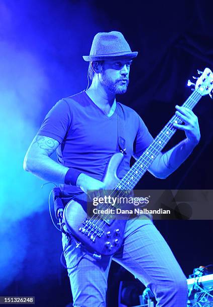 Bass player Aaron "P-Nut" Wills of 311 peforms at Marymoor Amphitheater on September 5, 2012 in Redmond, Washington.