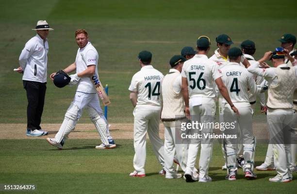 Jonny Bairstow of England walks off the pitch after being stumped by Alex Carey of Australiaduring the 5th day of the LV=Insurance Ashes Test Match...