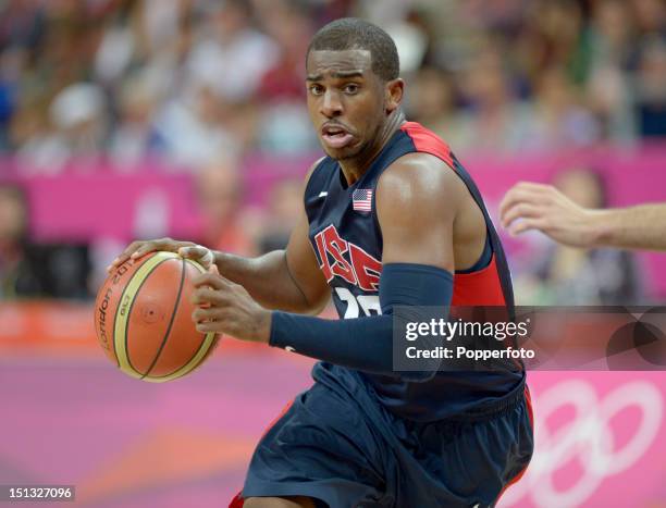 Chris Paul of the United States during the Men's Basketball Preliminary Round match between the United States v Lithuania on Day 8 of the London 2012...