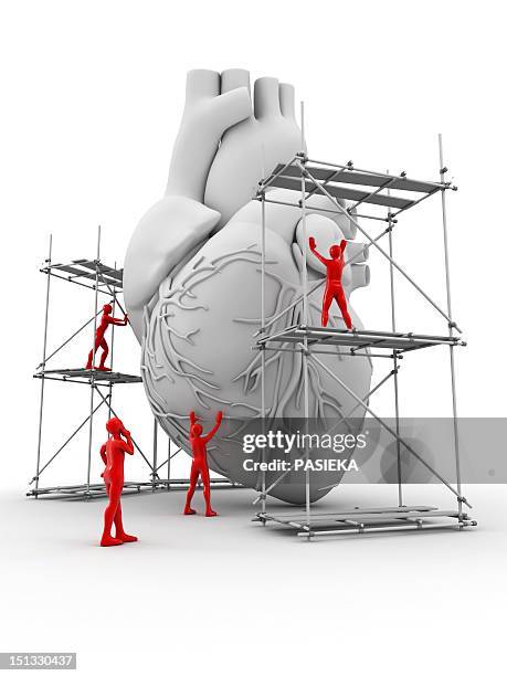 ilustraciones, imágenes clip art, dibujos animados e iconos de stock de heart with workers, heart repair - corazón órgano interno