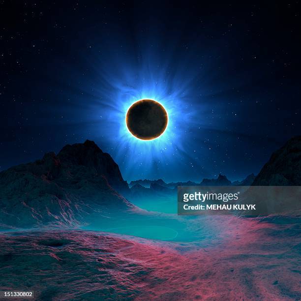 ilustrações, clipart, desenhos animados e ícones de solar eclipse in alien planetary system - eclipse solar