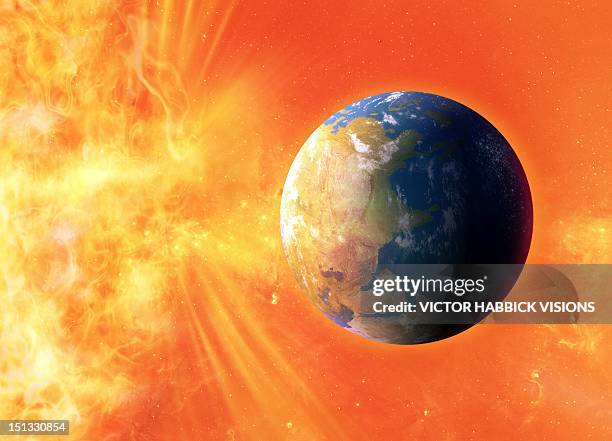 solar flare hitting earth, artwork - temperature stock illustrations