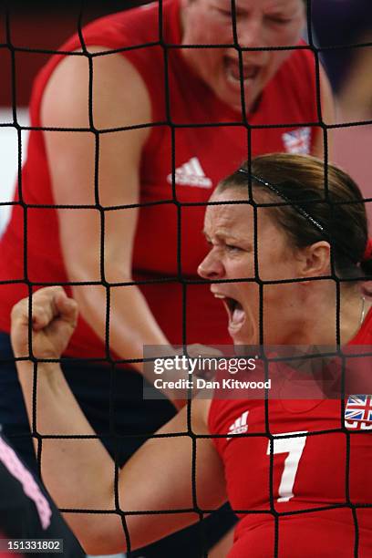 Martine Wright of Great Britain celebrates a point during the Women's Sitting Volleyball 7-8 Clasification match against Japan on day 8 of the London...