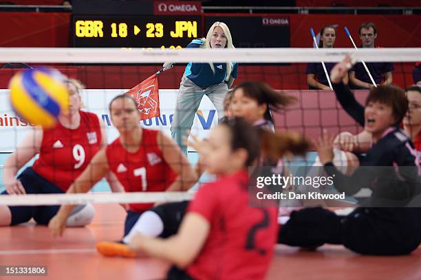 Action during the Women's Sitting Volleyball 7-8 Clasification match against Japan on day 8 of the London 2012 Paralympic Games at ExCel on September...