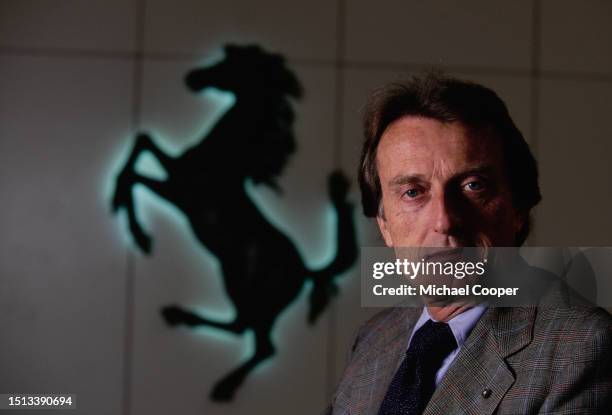 Portrait of Chief Executive Officer and Chairman of Ferrari, Luca Di Montezemolo in front of the Prancing Horse logo of Ferrari on 28th April 1999 at...